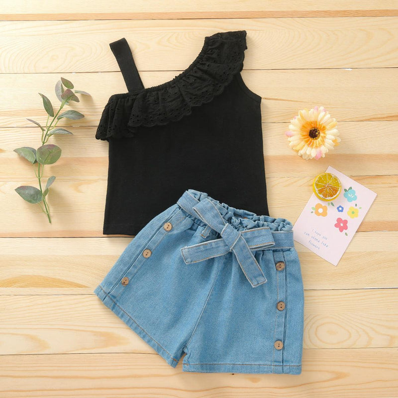 Summer Girls Set Solid Color Single Shoulder Strap Sleeveless Lace Tops Denim Shorts Two-piece - PrettyKid