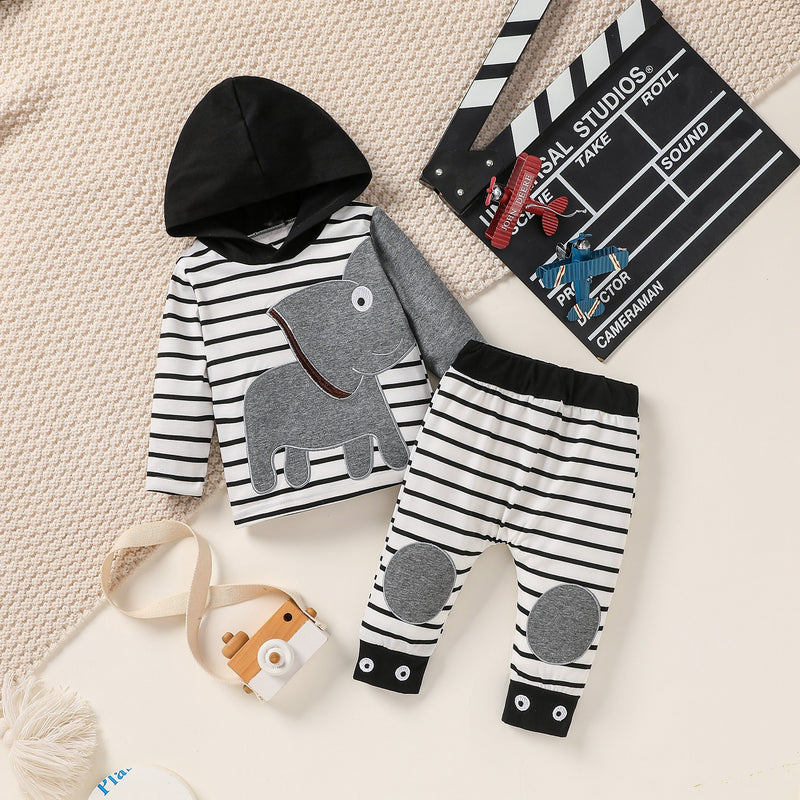 Toddler Boys Striped Print Elephant Embroidery Hooded Sweatshirt Suit - PrettyKid