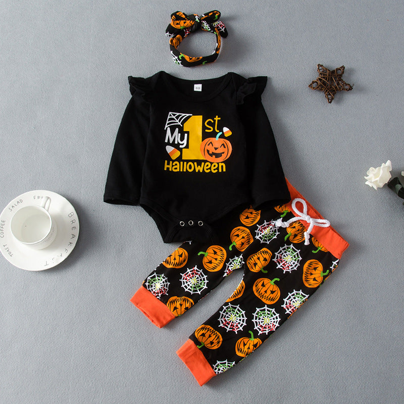 Baby Girls Halloween Pumpkin Print Long Sleeve Jumpsuit Two Piece Set - PrettyKid