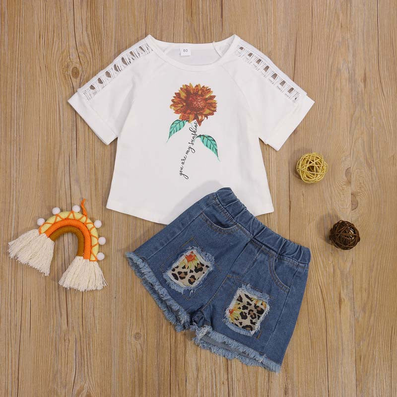 Toddler Kids Girls Solid Sunflower Print Shoulder Cut-out Top Leopard Denim Shorts Set - PrettyKid