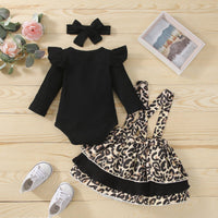 Baby Girls' Solid Color One-piece Leopard Print Suspender Skirt Set - PrettyKid