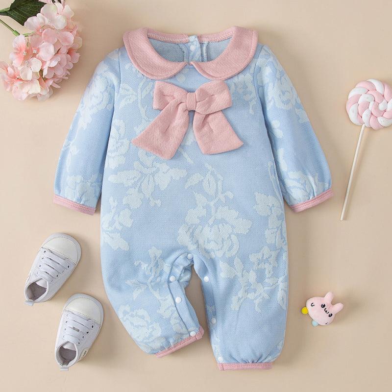 Baby Girls Doll Collar Solid Color Print Bow Long Sleeve Dress - PrettyKid