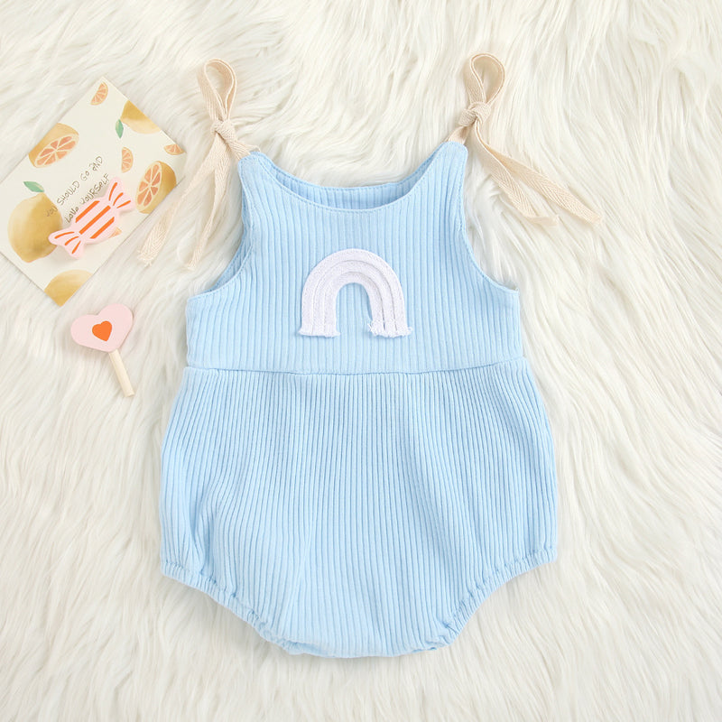 Baby Boys Girls Solid Color Knitted Rainbow Embroidery Suspender Bodysuit - PrettyKid