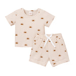 Toddler Boys Solid Color Sun Printed Round Neck Short Sleeve Shorts Set - PrettyKid