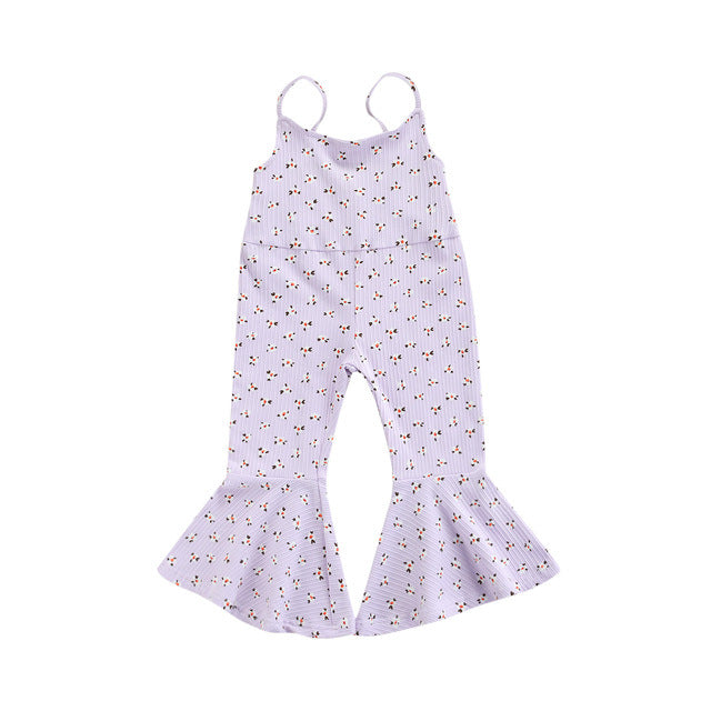 Toddler Kids Girls Solid Color Floral Print Flared Jumpsuit - PrettyKid