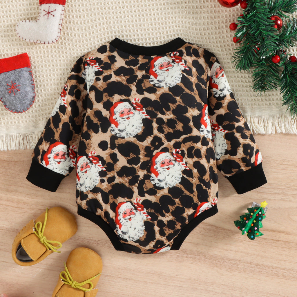 Baby Leopard Print Santa Claus Print Long-sleeved Jumpsuit - PrettyKid