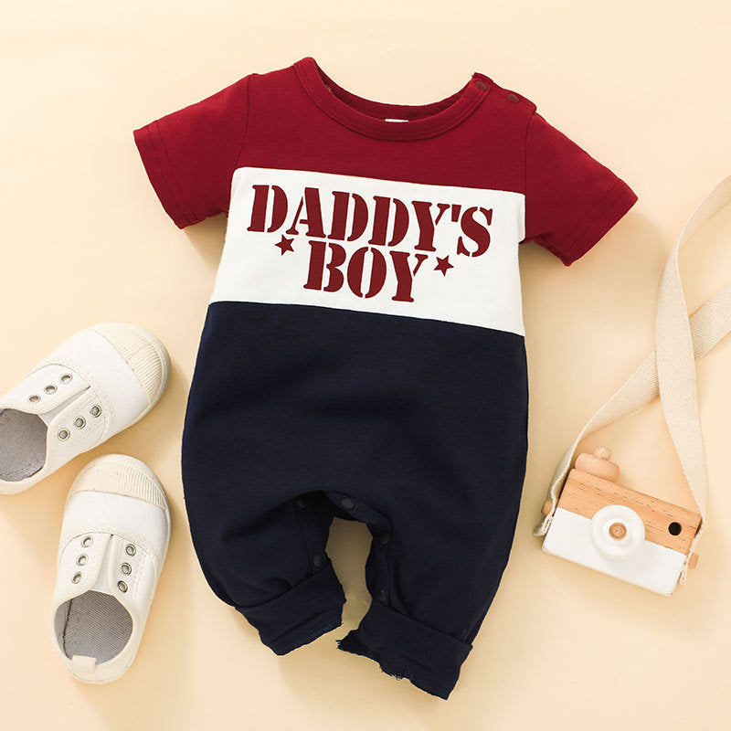 Baby Boys Crew Neck Daddy's Boys Letter Print Short Sleeve Jumpsuit - PrettyKid
