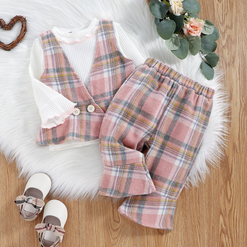 Toddler Kids Girls Solid Color Lace Flared Sleeve Tops Pink Plaid Vest Pants Set - PrettyKid