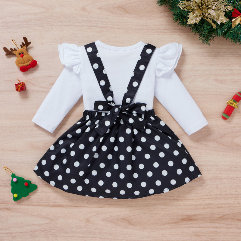 Toddler Girls Christmas Snowman Long Sleeve Top Black Strap Polka Dot Skirt Set - PrettyKid