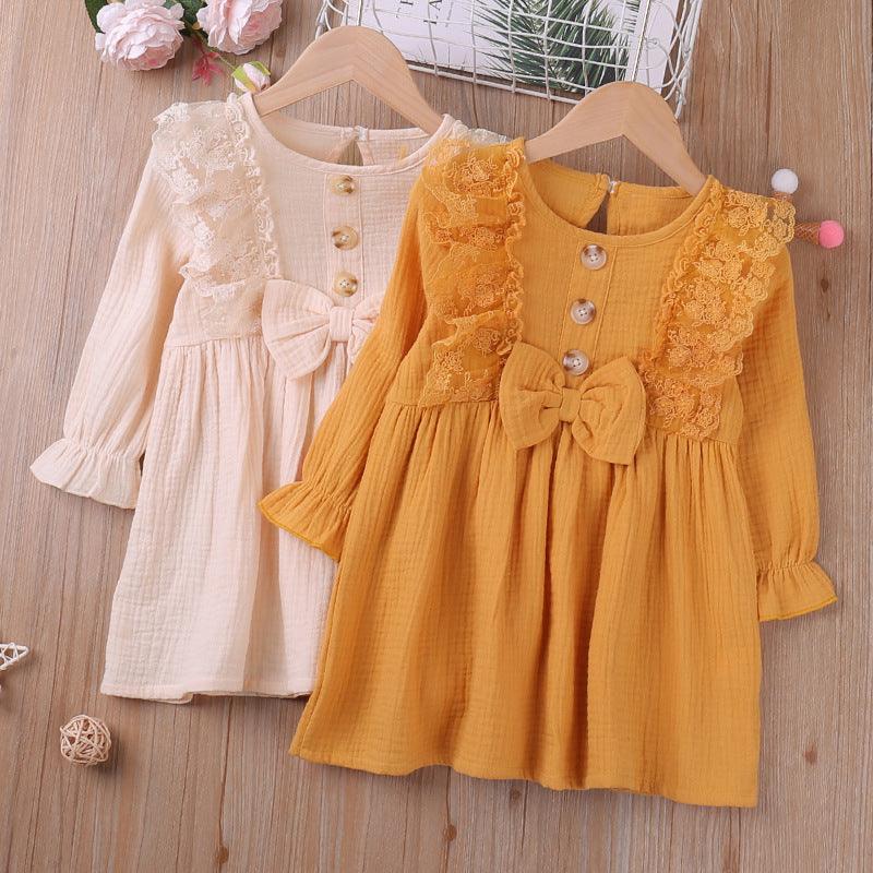 Toddler Kids Girls Solid Lace Bow Long Sleeve Dress - PrettyKid