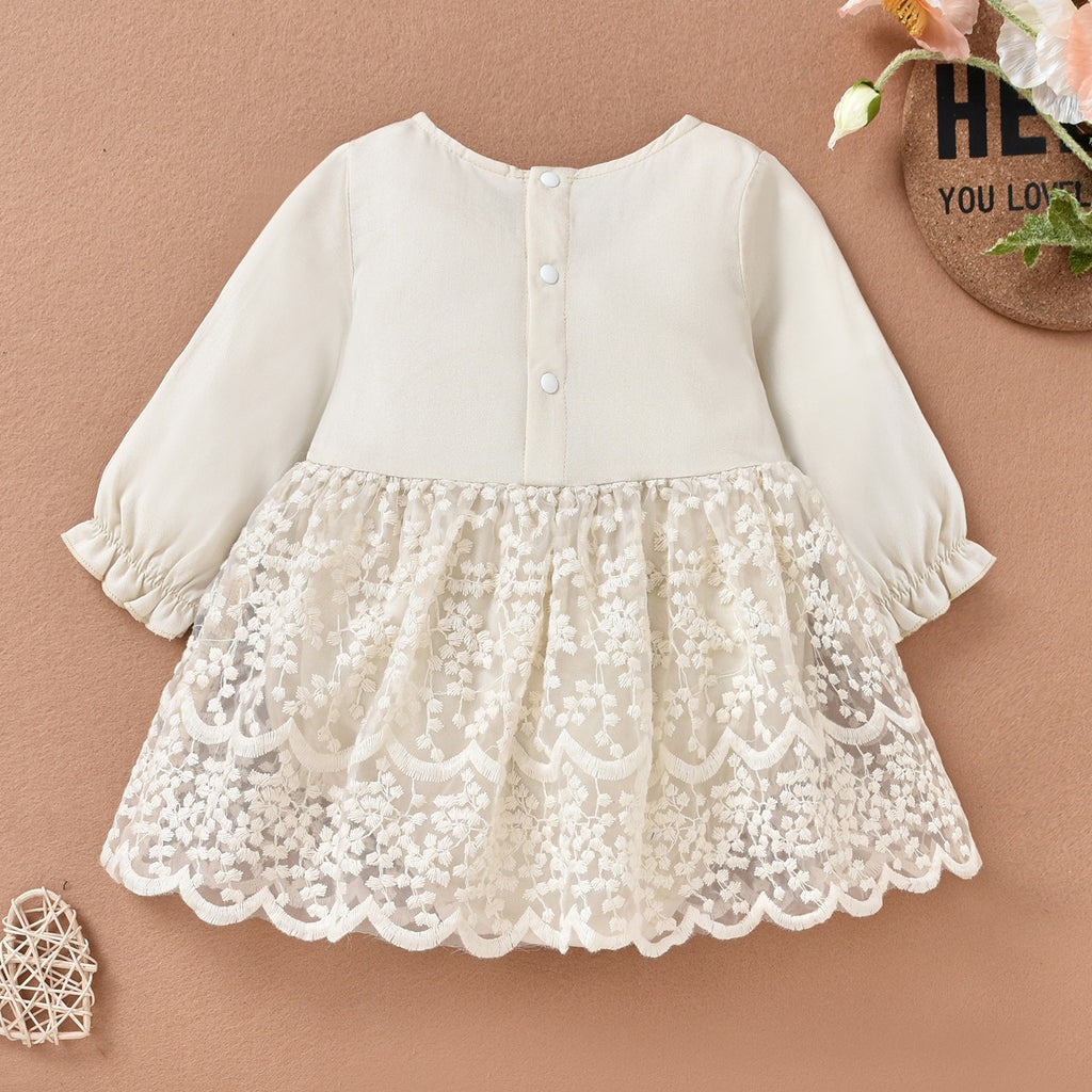 Baby Girls Solid Color Cute Lace Lace Round Neck Long Sleeve Romper Dress - PrettyKid