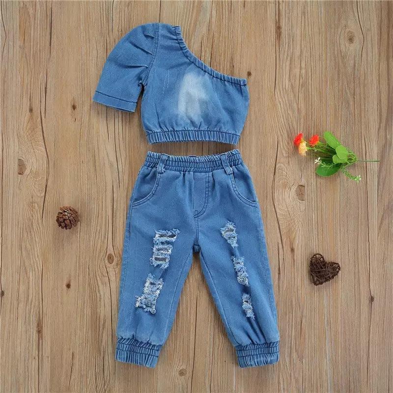 Toddler Kids Girl's One Shoulder Short Sleeve Top with Holes Denim Pants Denim Suit - PrettyKid