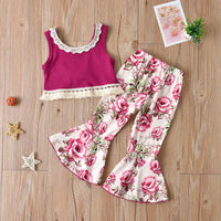 Toddler Kids Girl Solid Sleeveless Lace Patchwork Top Print Flared Pants Set - PrettyKid