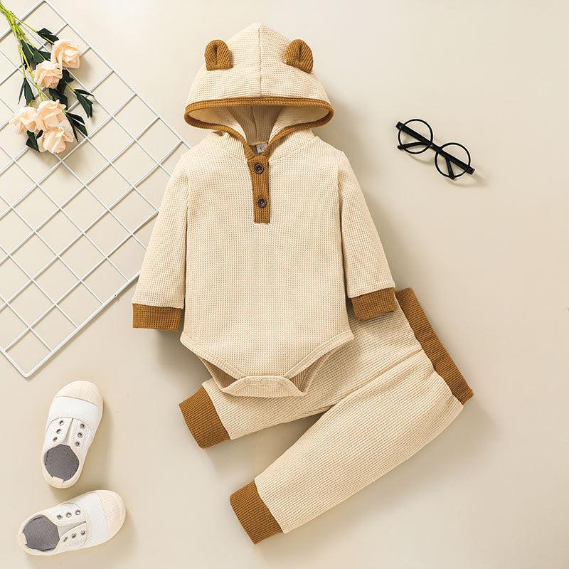 Toddler Kids Waffle Solid Bear Jumpsuit Pants Set - PrettyKid