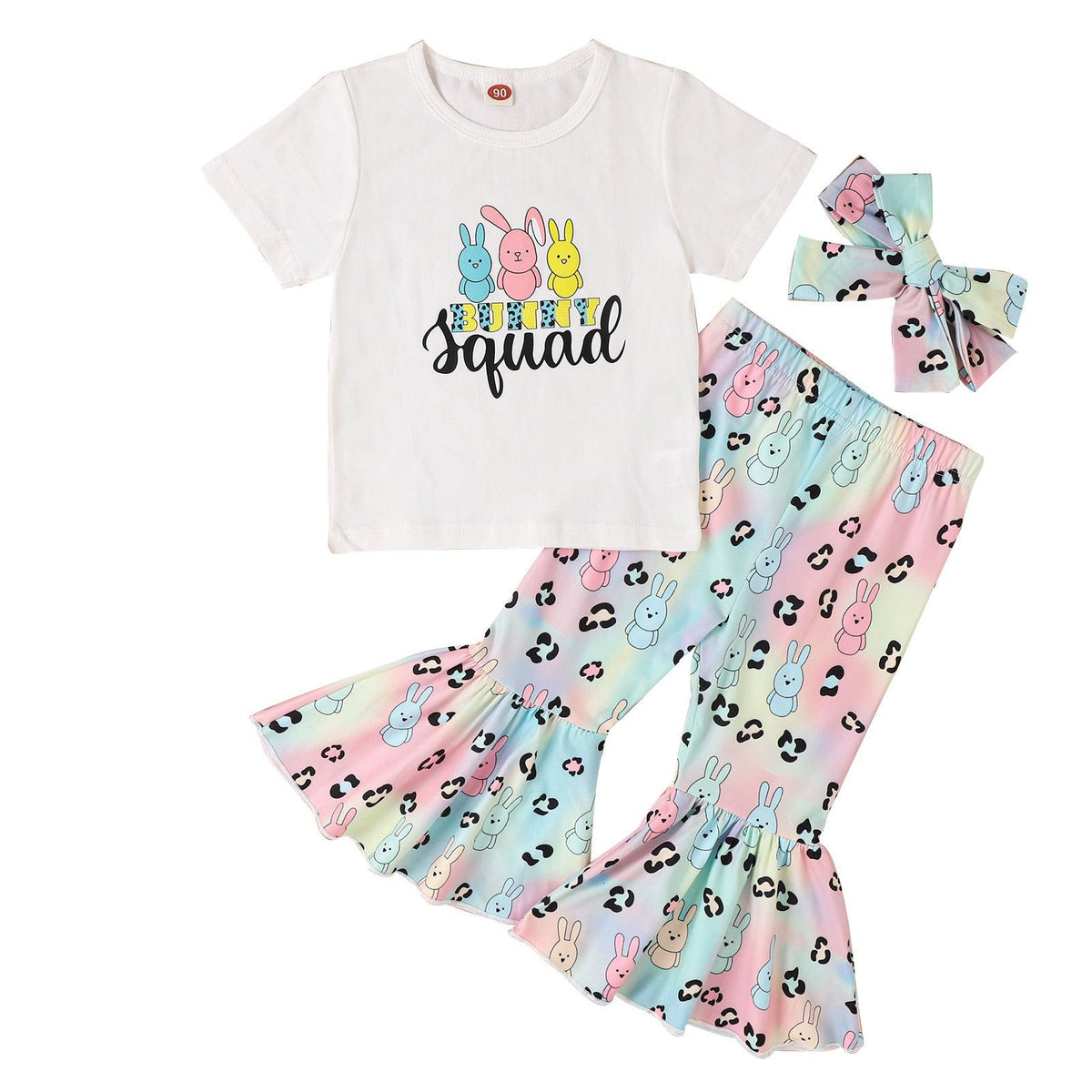 Easter Girls' Letter Printing Short-sleeved Rabbit Flare Trousers Three-piece Set