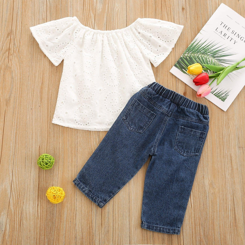 Summer toddler kids girls' short-sleeved hollow top jeans two-piece set - PrettyKid