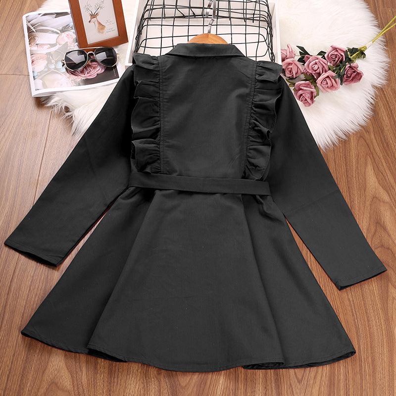 Children Girls Solid Color Lapel Lace Double Breasted Long Sleeved Windbreaker Coat - PrettyKid