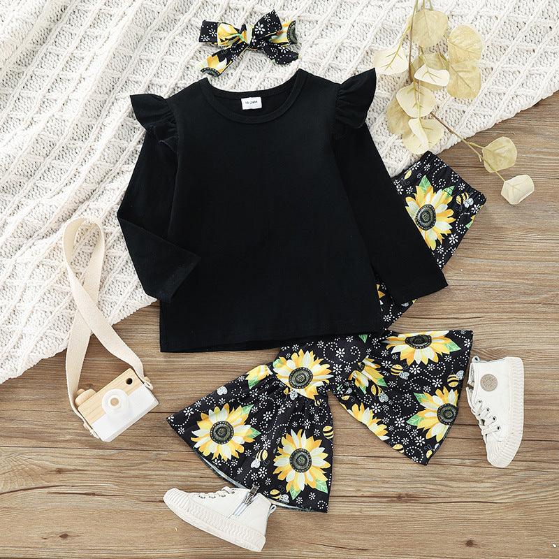 Toddler Kids Girl Solid Color Long-sleeved Tops Floral Print Flared Pants Bow - PrettyKid