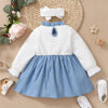 Toddler Girl Solid Color Contrast Pleated Round Neck Long Sleeve Dress - PrettyKid