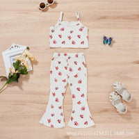 Toddler Kids Girls' Cotton Floral Suspenders Flared Pants Set - PrettyKid