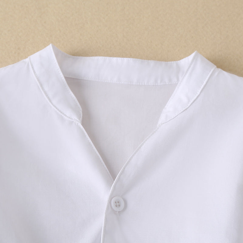 Toddler Kids Girls White V-Neck Bubble Sleeve Khaki Belt Shirt Dress - PrettyKid