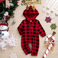 Baby Boys Christmas Plaid Cute Moose Hooded Jumpsuit - PrettyKid