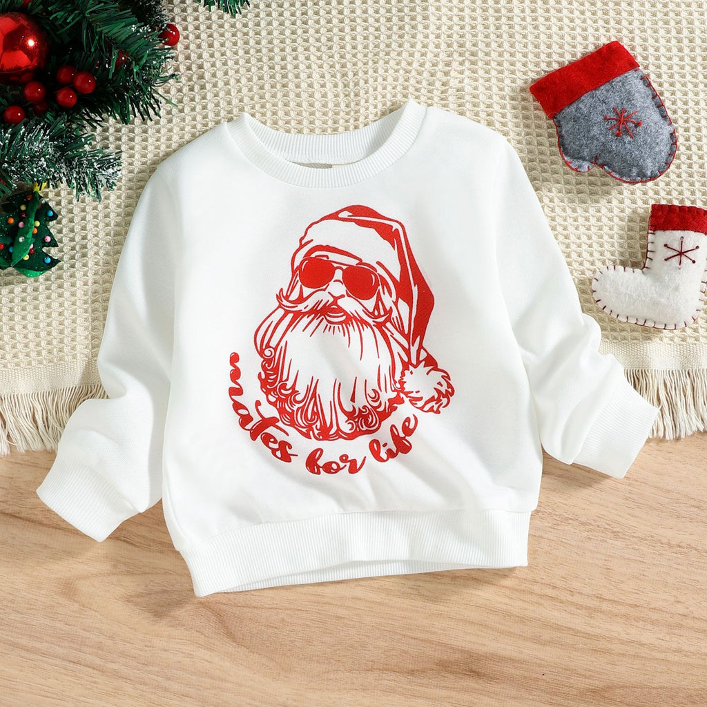 Toddler Kids Solid Color Santa Claus Print Long Sleeve Top - PrettyKid