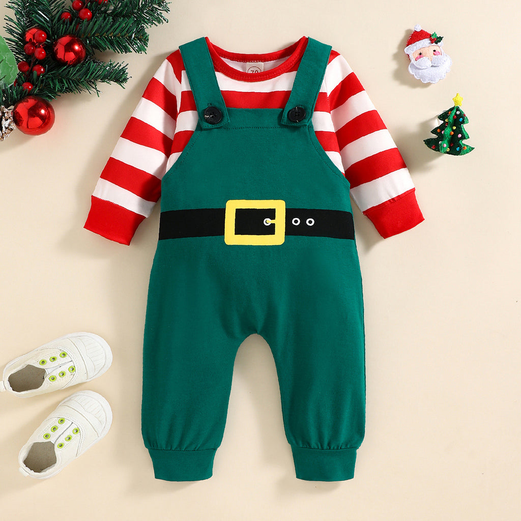 Autumn and Winter Baby Boy Christmas Day Cute Striped T + Green Backpack Pants Two-piece Set - PrettyKid