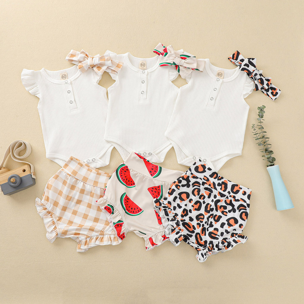Girls' Baby Suit White Fly Sleeve Top Printed Shorts Three Pieces - PrettyKid