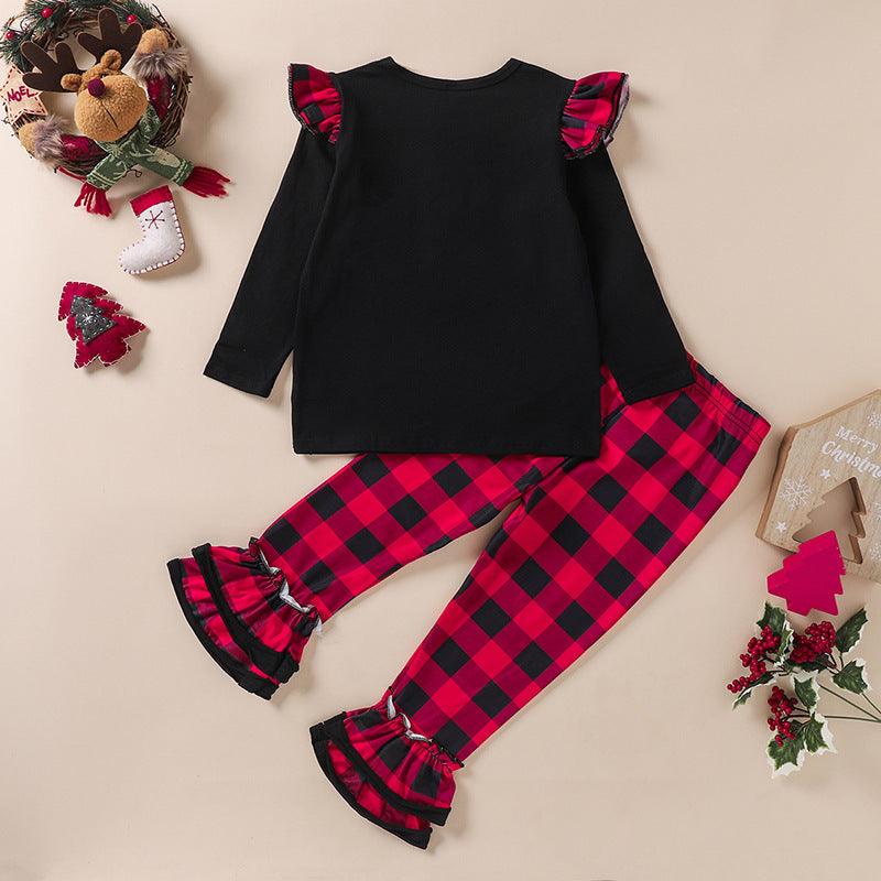 Toddler Kids Christmas Suit Cartoon Printed Round Neck Long Sleeve Plaid Trousers - PrettyKid