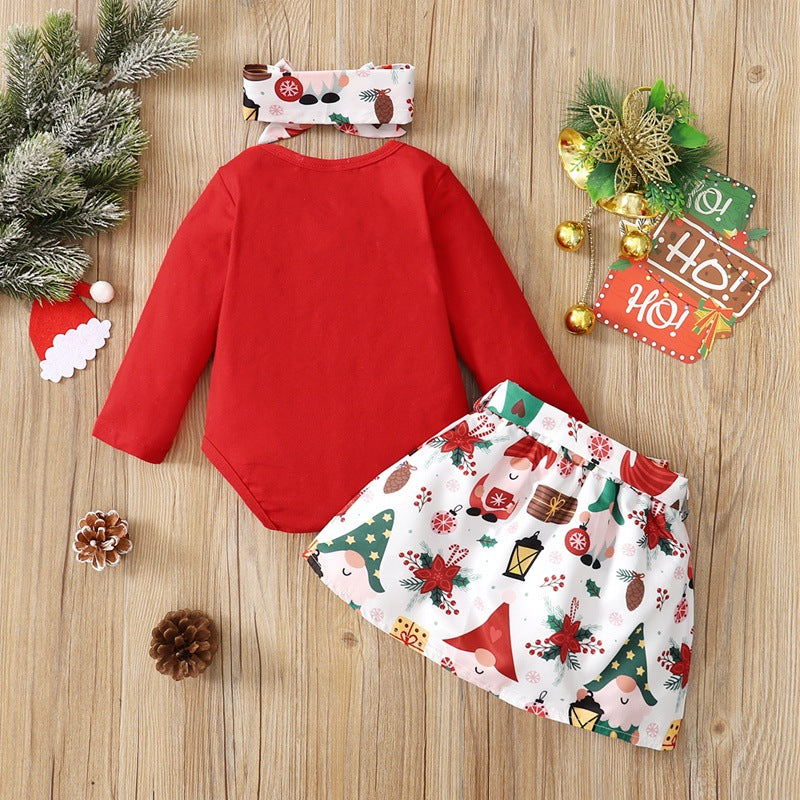 Baby Girls Christmas Printed Long Sleeved Jumpsuit Short Skirt Scarf Set - PrettyKid