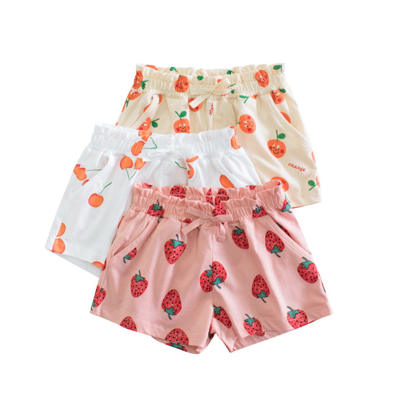 Toddler Kids Girls Solid Color Cartoon Fruit Print Sports Shorts - PrettyKid