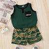 Toddler Kids Boys Green Sleeveless Vest T-shirt Dinosaur Print Shorts Set - PrettyKid