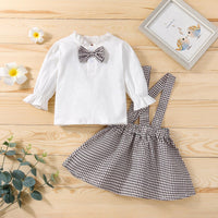 Toddler Girl Solid Color Long Sleeved Bow Shirt Plaid Print Suspender Skirt Set - PrettyKid