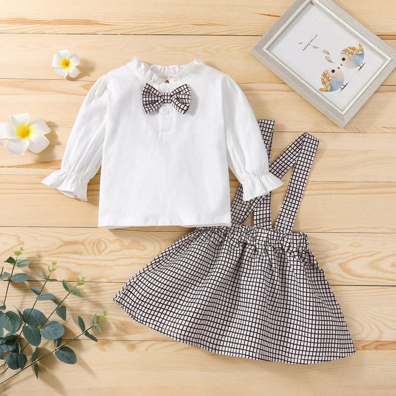 Toddler Girl Solid Color Long Sleeved Bow Shirt Plaid Print Suspender Skirt Set - PrettyKid