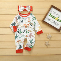 Baby Girls Maple Leaf Printed One-piece Long Sleeve One-piece Headdress Set - PrettyKid