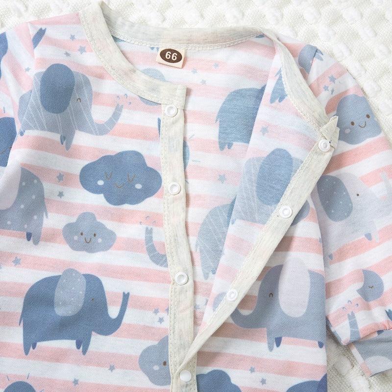 Baby Boys Girls Cartoon Elephant Print Striped Slash Wrapped Feet Jumpsuit - PrettyKid