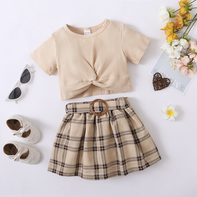 New Popular Apricot Short-sleeved Plaid Skirt Two-piece Suit Skirt