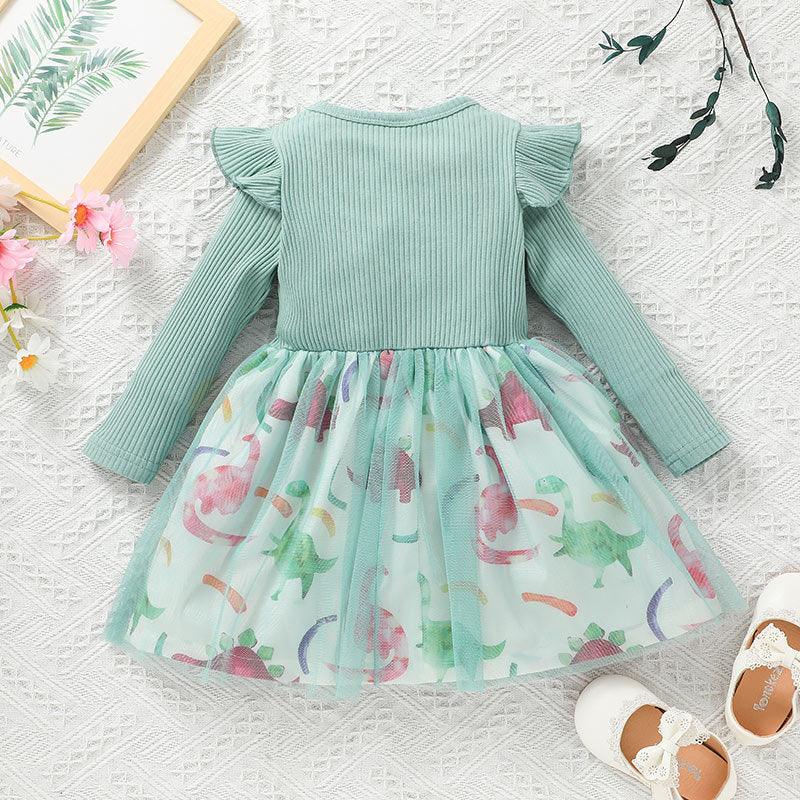 Toddler Kids Girls' Solid Color Knitted Mesh Floral Print Splicing Dress - PrettyKid