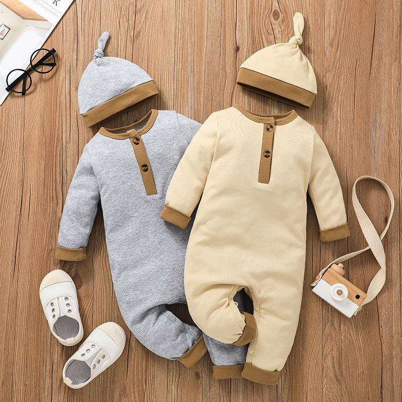 Baby Boys Solid Color Long Sleeved Knitted Onepiece Hat Two Piece Set - PrettyKid