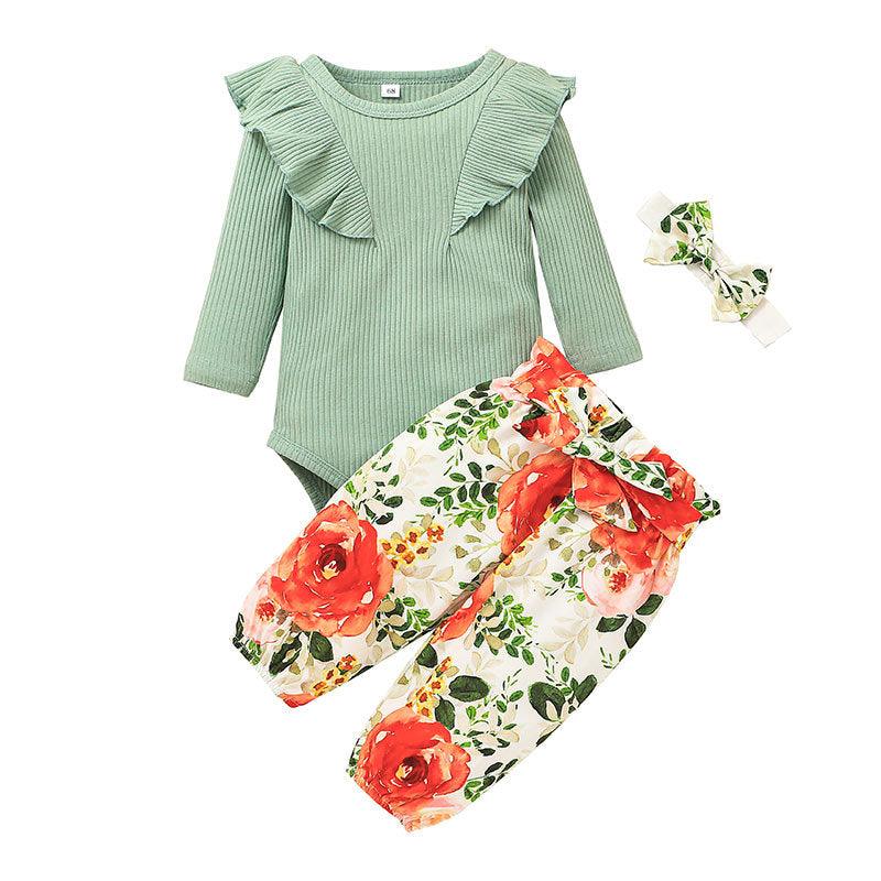 Baby Girls Solid Color Long Sleeve Top Flower Print Set - PrettyKid