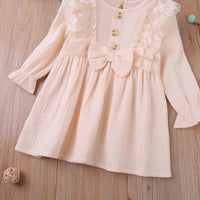 Toddler Kids Girls Solid Lace Bow Long Sleeve Dress - PrettyKid