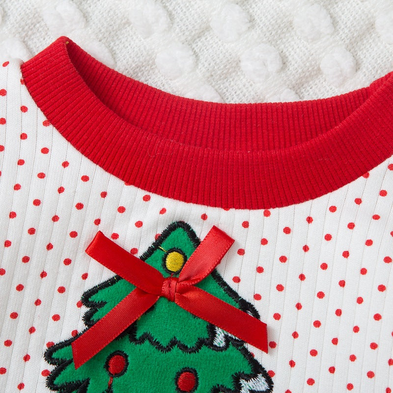Toddler Kids Girls Christmas Tree Print Polka Dot Mesh Long Sleeve Dress Christmas Dress - PrettyKid