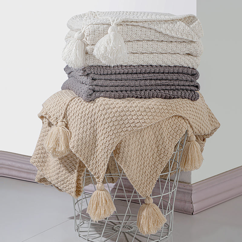 Baby Solid Color Tassel Knitted Wool Blanket - PrettyKid