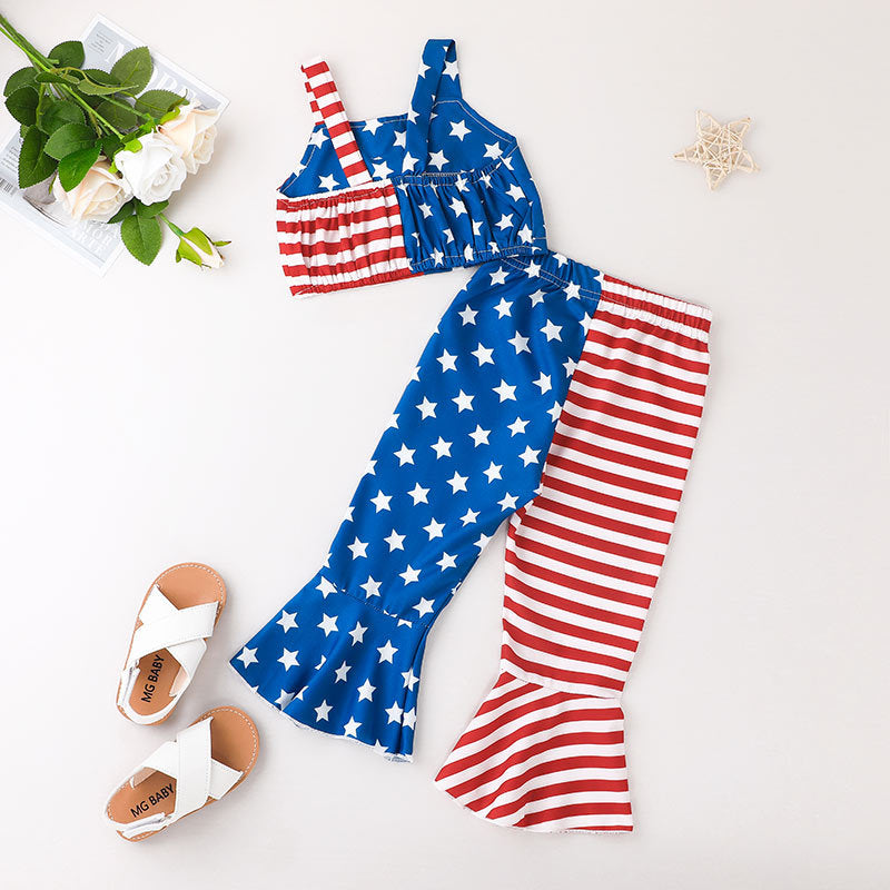Girls' Holiday Section Independence Day Sling + Flared Pants Two-piece Personalized Small Children Striped Suit - PrettyKid