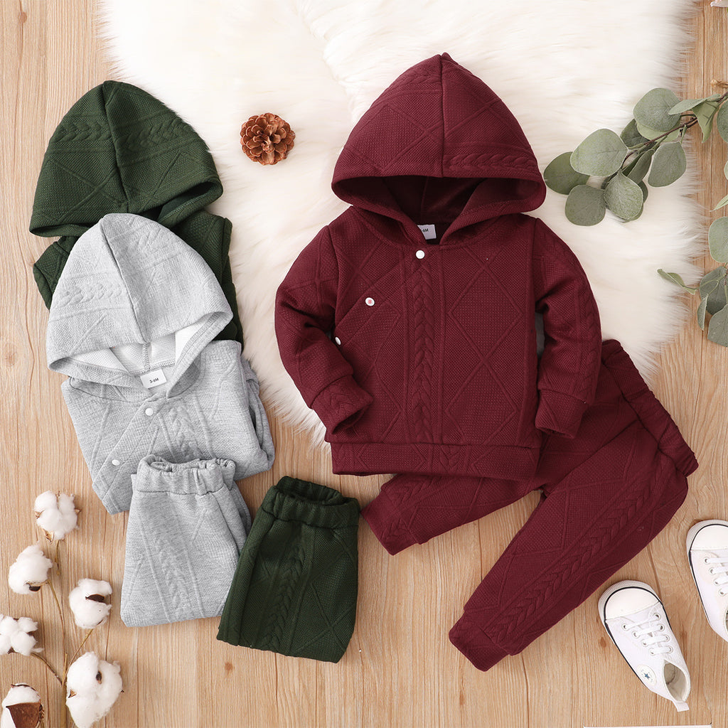 Baby Solid Color Slant Button Hooded Pants Pajamas Set - PrettyKid