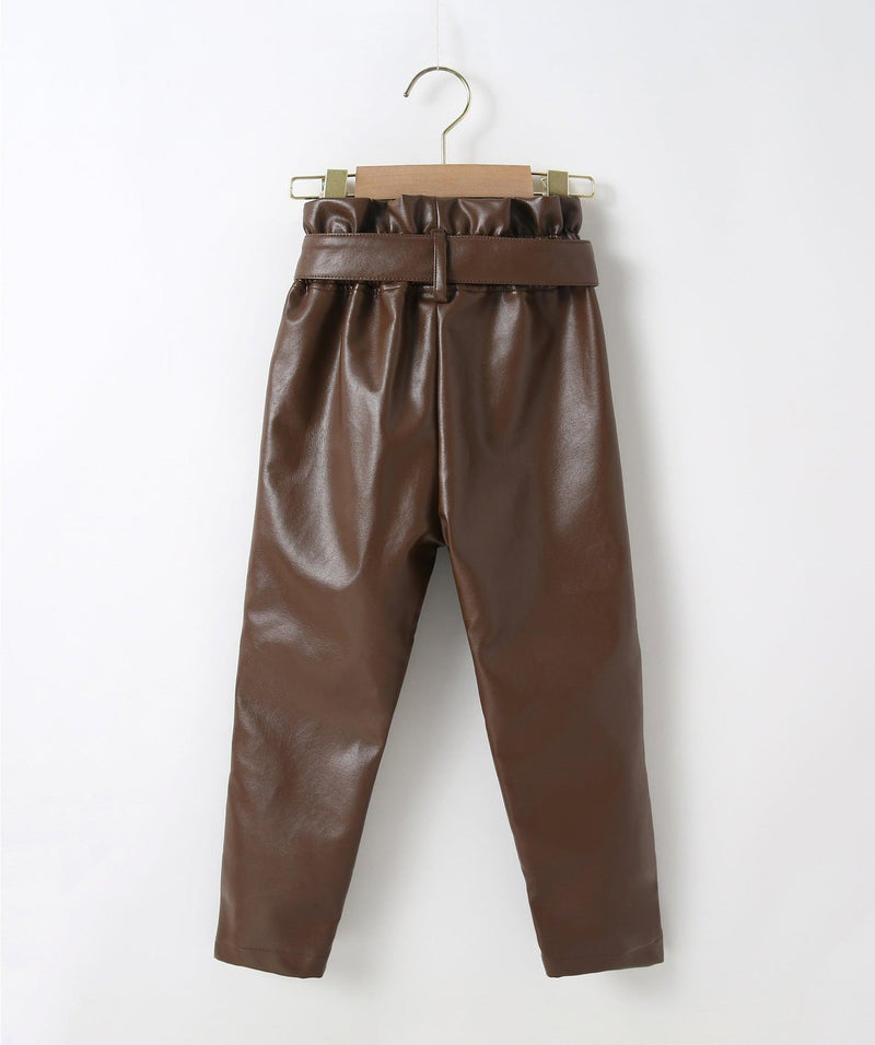 Girls' Autumn and Winter PU Leather Trousers, Solid Trousers, Including Belt - PrettyKid