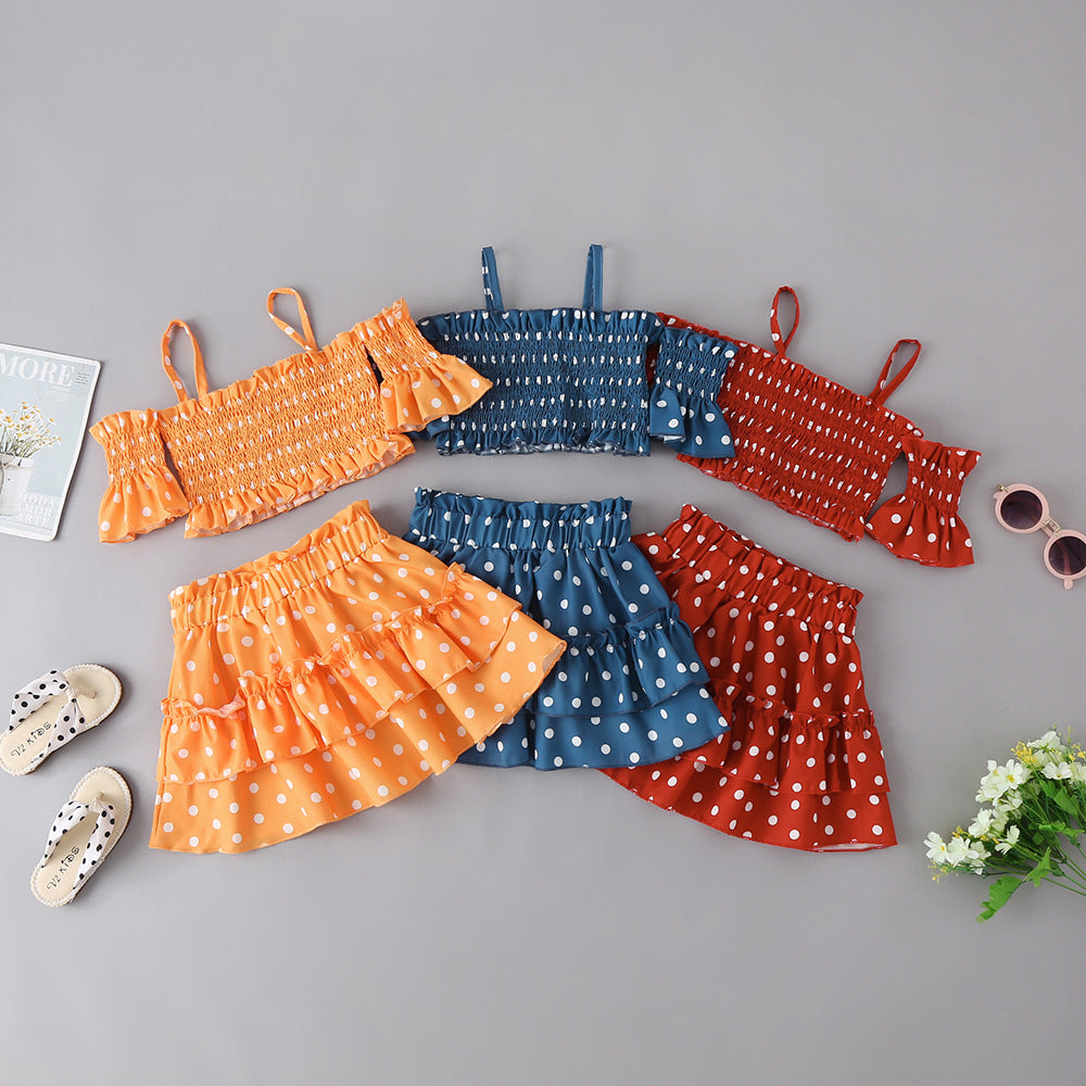 Children Summer Girls Wave Dot Printed Suspender Skirt Set Wholesale Girls Dresses - PrettyKid