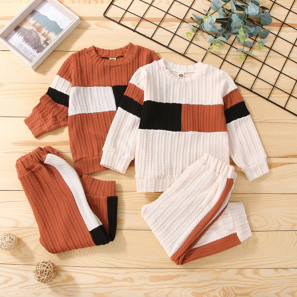 Children's Color Blocking Long Sleeved Trousers Knitted Sweater Set - PrettyKid