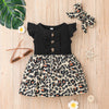 Toddler Girls Summer Solid Color Flying Sleeve Leopard Stitched Dress Hair Set - PrettyKid